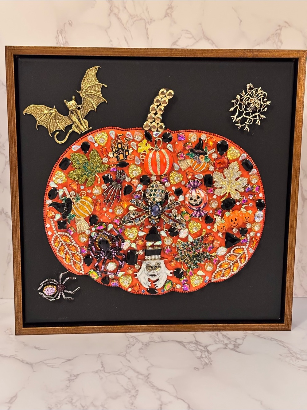 Hand-Embellished Orange Pumpkin Mosaic Wall Art by